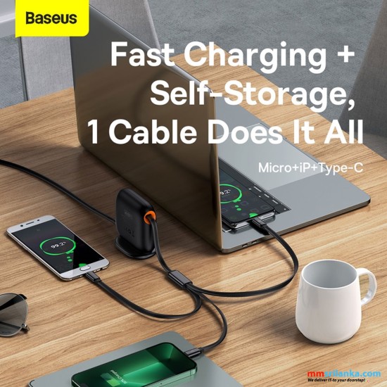 Baseus Traction Series Retractable 3-in-1 Fast Charging Cable Desktop Organizer Type-C to M+L+C 100W 1.7m Black 